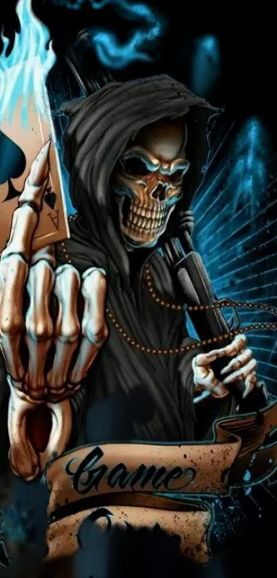 Grim reaper holds a flaming card with black and blue hues.