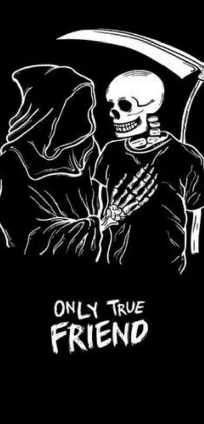 Grim Reaper and skeleton friend art on black background.