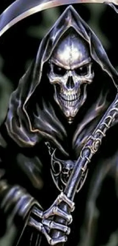 Grim Reaper with a scythe in black cloak, gothic mobile wallpaper.