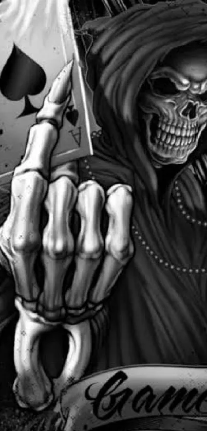 Grim Reaper with playing card in gothic art style.