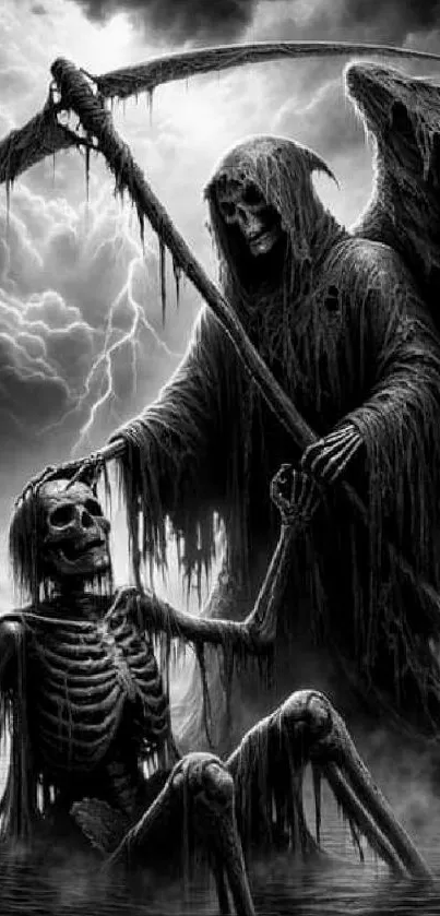 Grim Reaper greets skeleton in dark gothic scene.