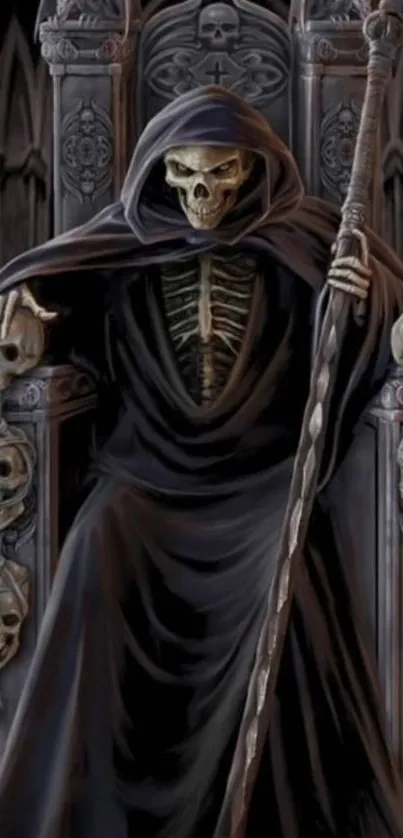 Gothic Grim Reaper sits on skull-adorned throne.