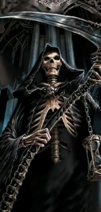 Gothic Grim Reaper with a scythe and hourglass on a dark background.