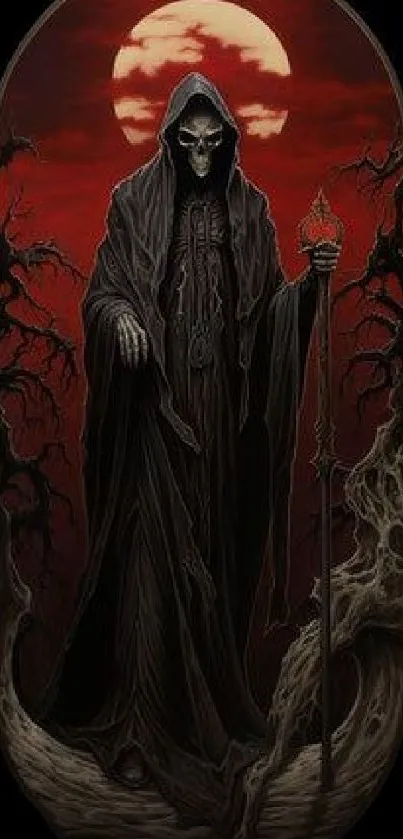 Gothic wallpaper with Grim Reaper under a red moon surrounded by twisted trees.