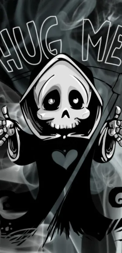 Cartoon Grim Reaper with 'Hug Me' text