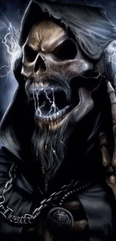 Grim reaper with lightning and chains on a mobile wallpaper.