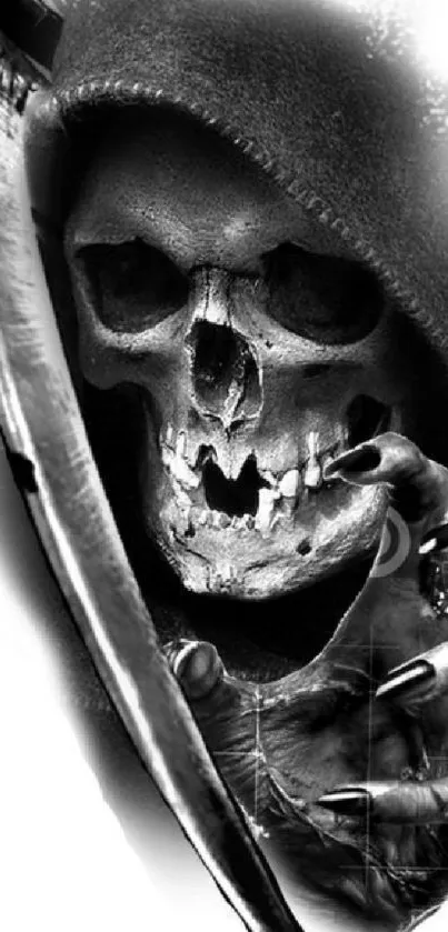 Grim Reaper black and white mobile wallpaper with eerie skeletal design.