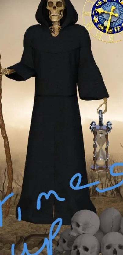 Grim Reaper holding a scythe and hourglass, "Time's Up" message.