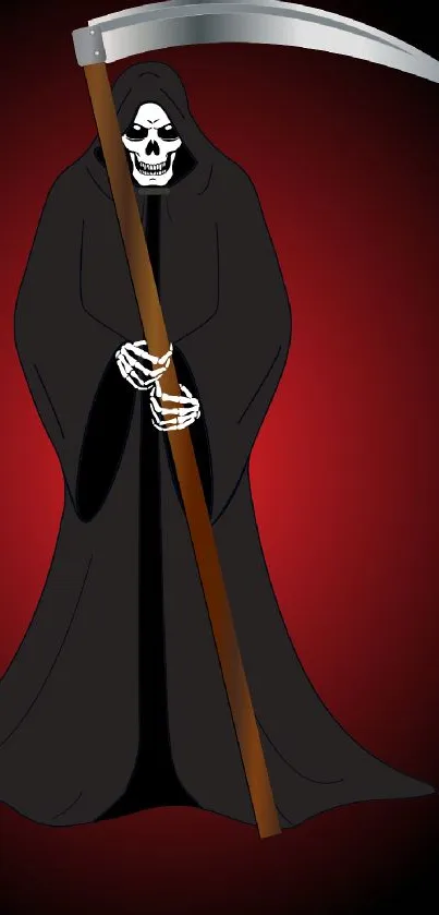 Grim Reaper holds a scythe on a dark red background.