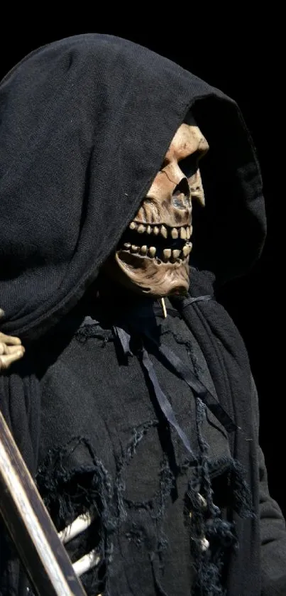 Grim Reaper in black cloak holding a staff, perfect for a dark themed mobile wallpaper.
