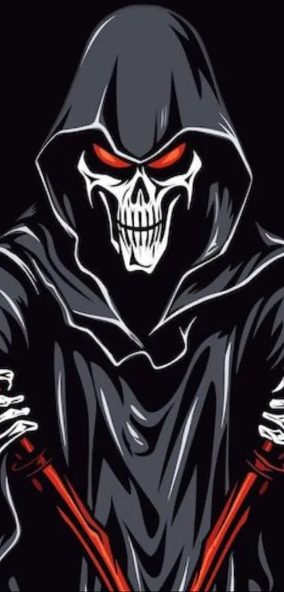 Grim Reaper with red eyes and black hood in a mobile wallpaper design.