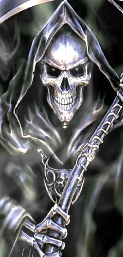 Haunting Grim Reaper wallpaper with scythe and skeleton figure.