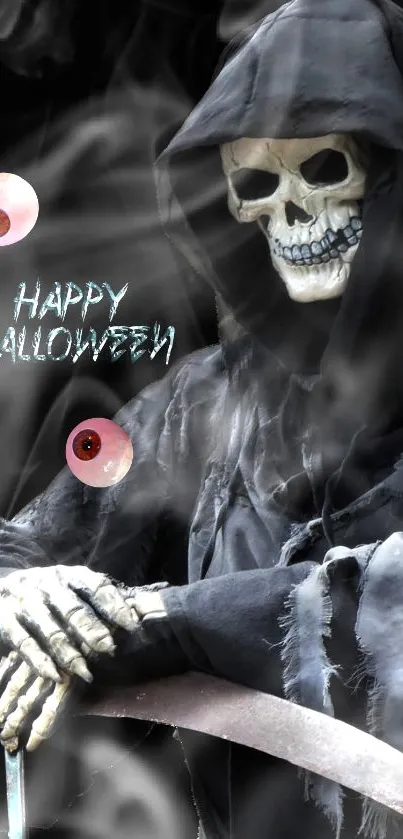 A haunting Grim Reaper with a scythe on a dark background for mobile wallpaper.