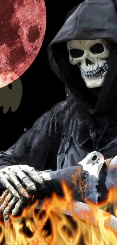 Grim Reaper in dark hooded robe holding a scythe.