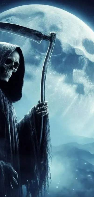 Grim Reaper stands under moonlight.