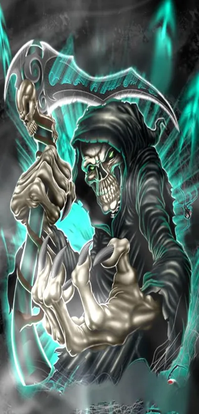 Vivid neon Grim Reaper design with glowing teal and black hues for mobile wallpaper.