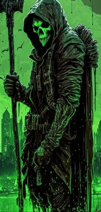 Neon green Grim Reaper wallpaper over cityscape.