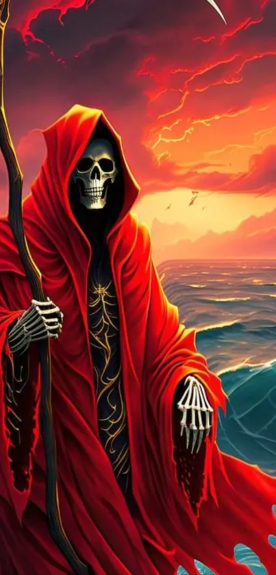 Grim Reaper in red cloak by the ocean at sunset.