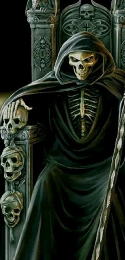 Grim Reaper seated on a dark, ornate throne with skeletal motifs.