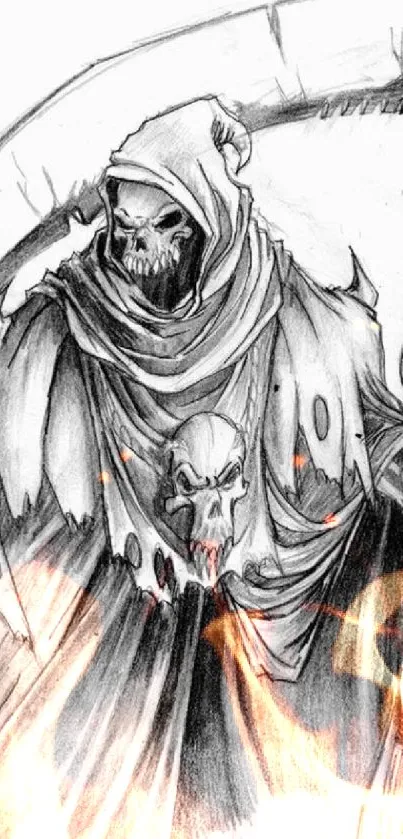 Black and white Grim Reaper sketch wallpaper for mobile.