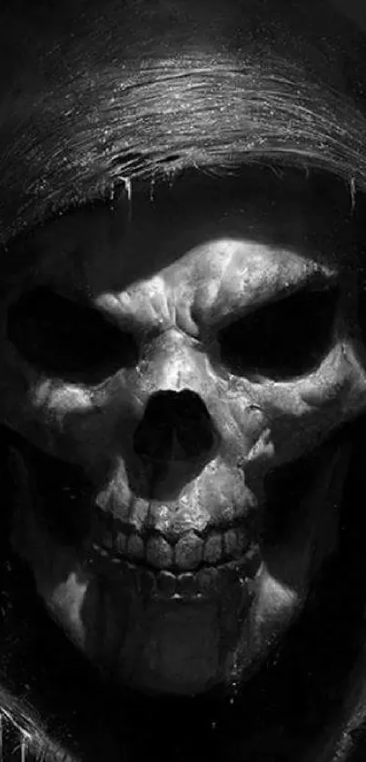 Dark grim reaper skull in hooded cloak wallpaper.