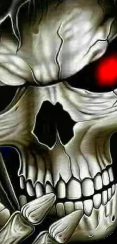 Grim Reaper skull with glowing red eyes in a dark gothic style.