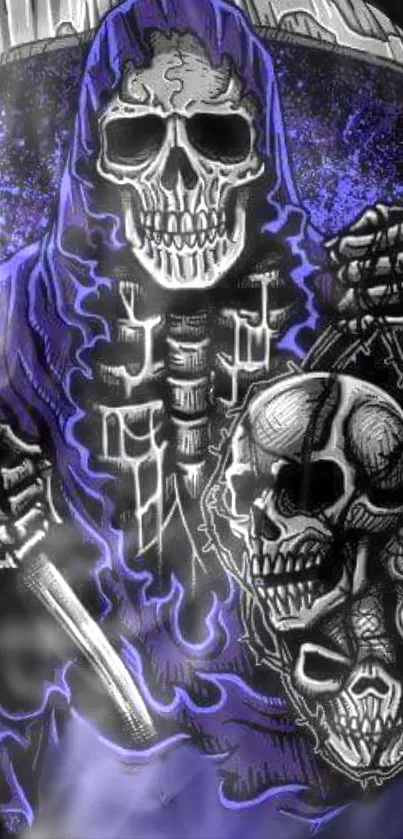 Grim Reaper artwork with skulls and vibrant blue hues.