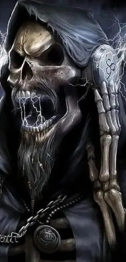 Dark grim reaper skull art with lightning effects for mobile wallpaper