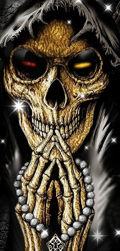 Intricate Grim Reaper skull design with a dark, gothic theme on a mobile wallpaper.