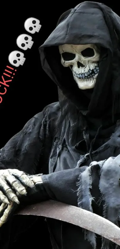 Grim reaper with skull and rock text on black background.