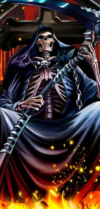 Grim Reaper sitting on a fiery throne with a scythe in a dark fantasy setting.