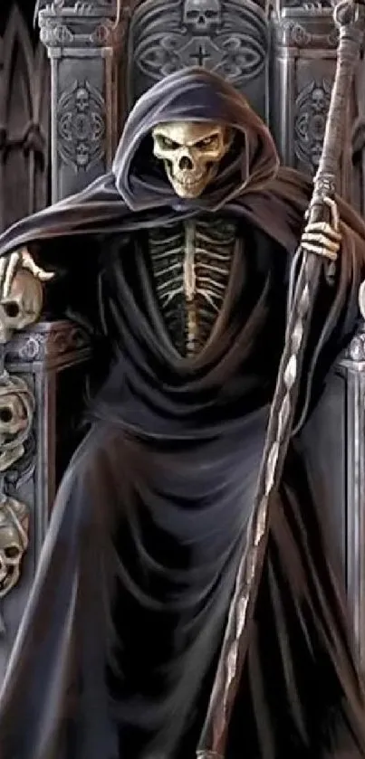 Grim Reaper sits on a skull-laden throne, exuding gothic and mystical vibes.