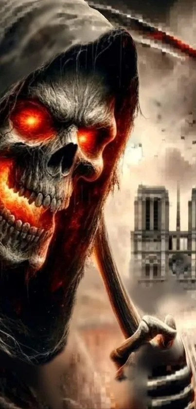 Grim Reaper with fiery eyes in a gothic urban setting.