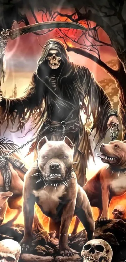 Grim Reaper with fierce dogs in fiery backdrop wallpaper.