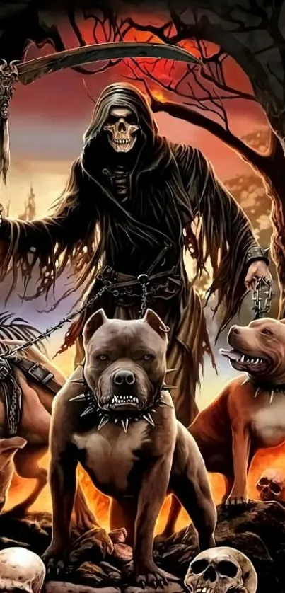 Grim Reaper with dogs under a fiery sunset.