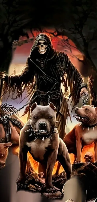 Grim Reaper with dogs in dark-themed wallpaper.