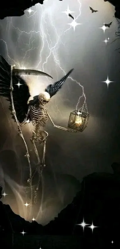 Grim Reaper with wings holds a lantern in a stormy scene.