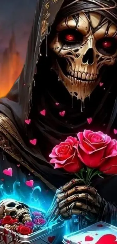 Grim Reaper holding roses with red eyes.