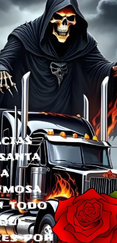 Grim Reaper driving a flaming truck in dark skies artwork.