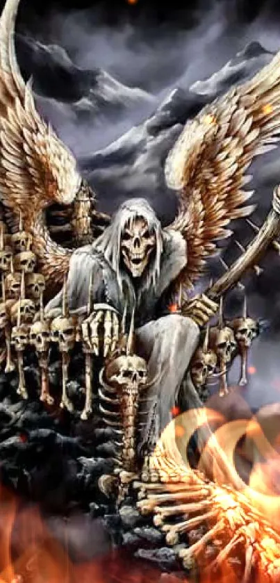 Grim Reaper with wings holding a scythe in a gothic scene.