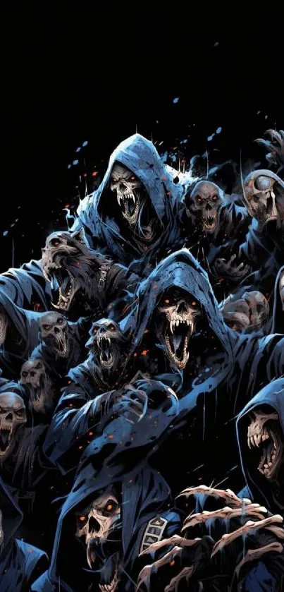 Skeletal figures in blue cloaks on dark background.