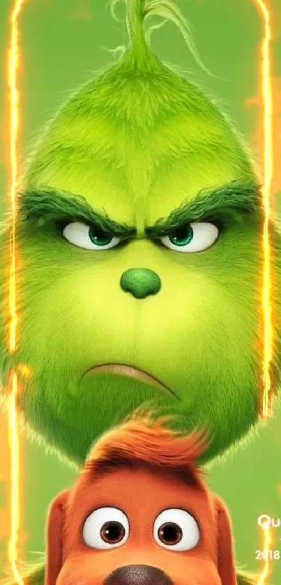 Grinch and dog with green background mobile wallpaper.