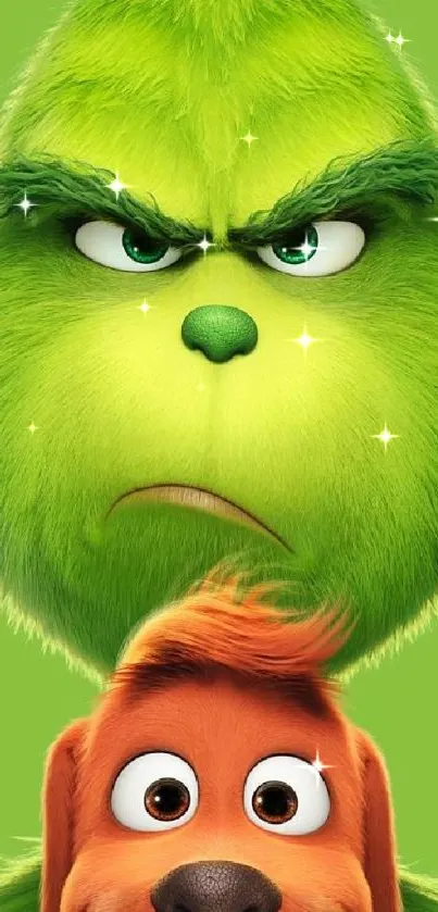 The Grinch and Max on lime green background mobile wallpaper.