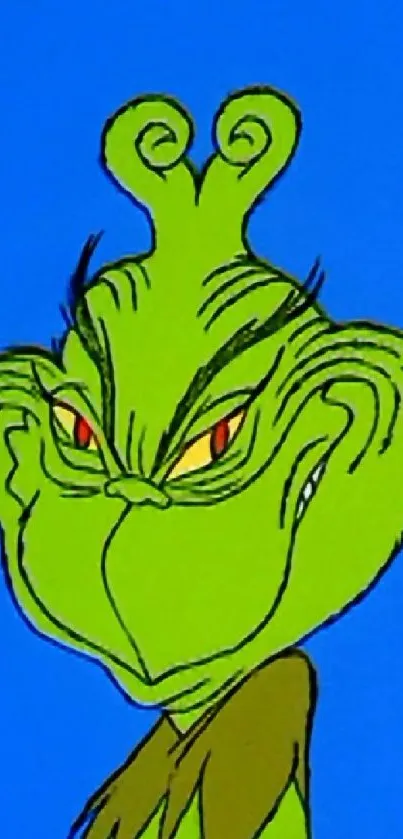 Grinch cartoon with bright blue background.