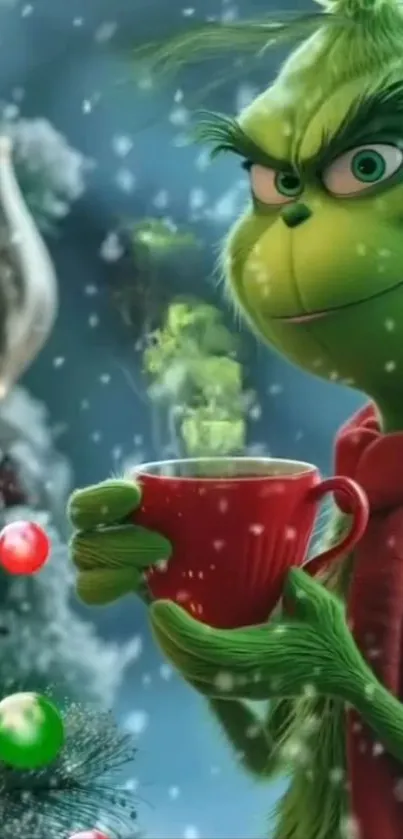 Festive Grinch enjoying a warm holiday drink.