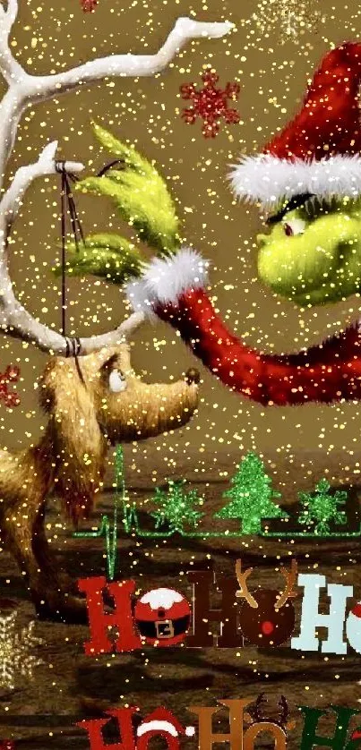 Grinch and reindeer in holiday decor wallpaper.