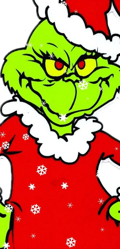 Green Grinch in red Santa costume with snowflakes, perfect for holiday cheer.