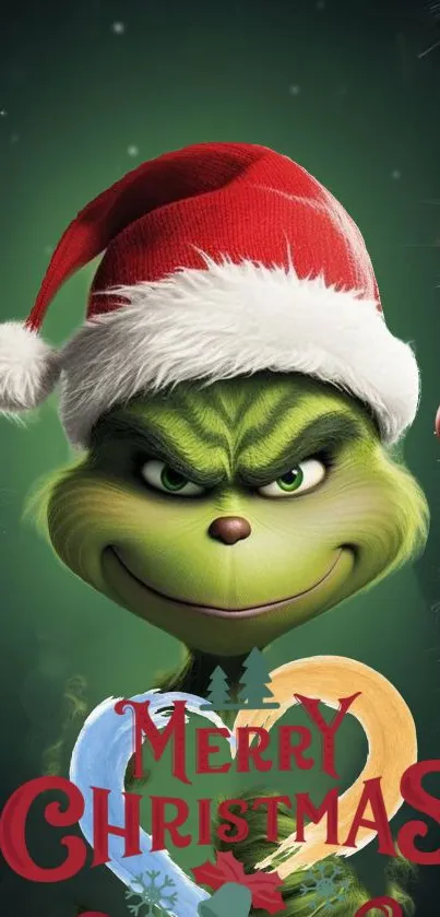 Festive Grinch in Santa hat Christmas wallpaper.