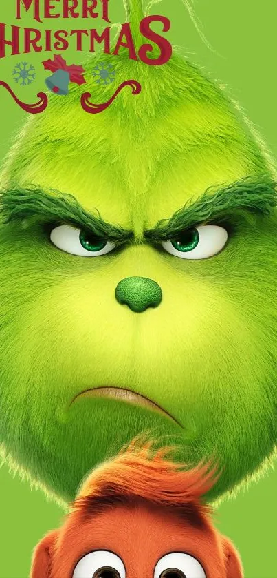 Grinch Christmas themed mobile wallpaper with green background.