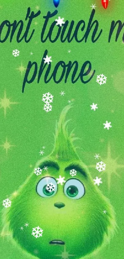 Green Grinch with 'Don't touch my phone' and colorful holiday lights.